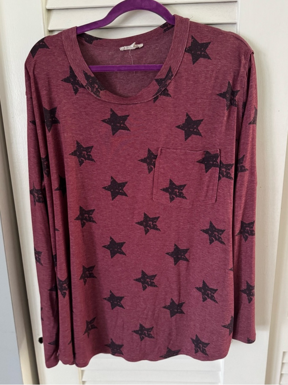 Easel Burgundy Long Sleeve Star Print Top